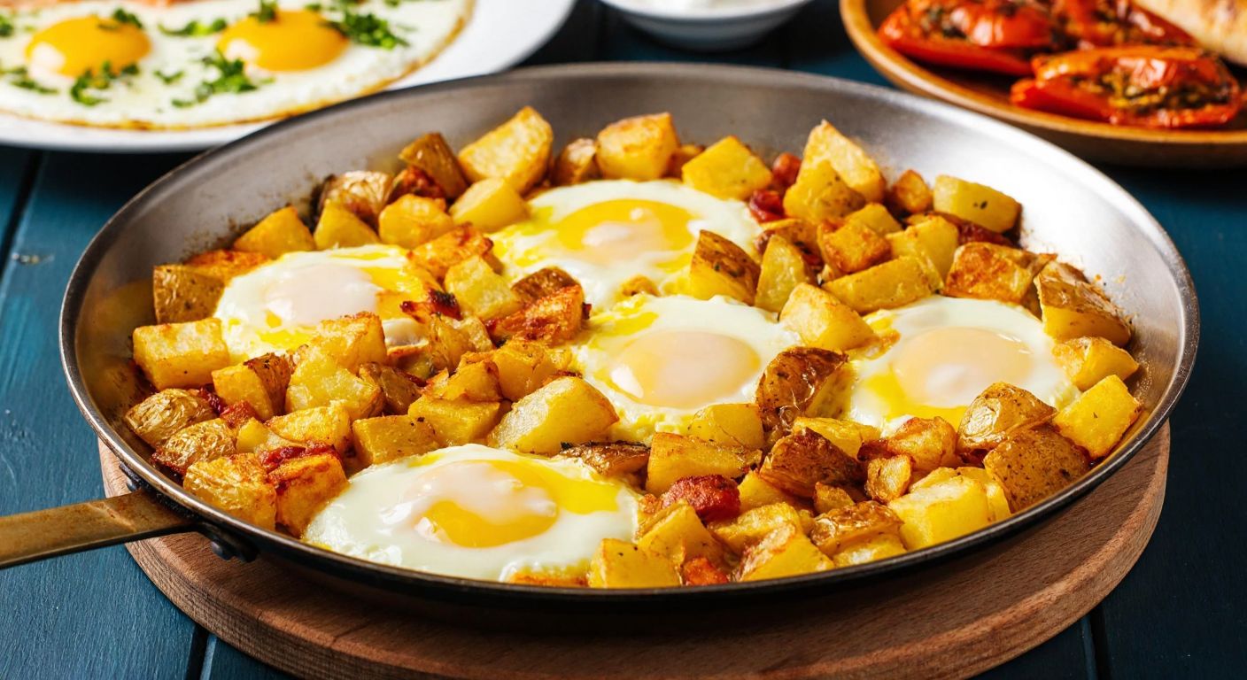 A golden-brown skillet filled with crispy cubed potatoes and fluffy scrambled eggs, sizzling in olive oil, placed on a rustic wooden table with a traditional Turkish breakfast spread in the background.