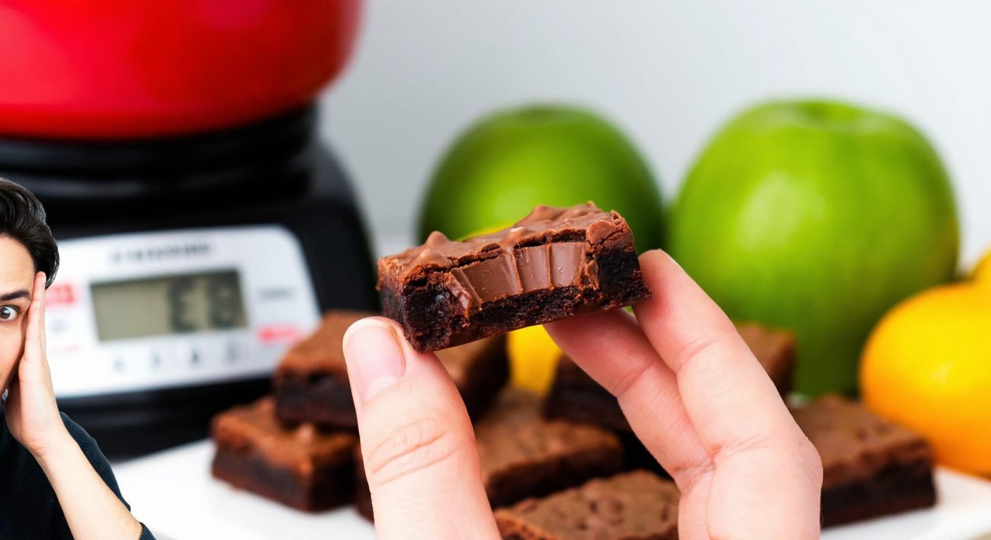 A hand holding a small piece of Eti Browni Intense chocolate against a blurred background of a kitchen scale and fresh fruits, with a person's conflicted expression visible in the corner.