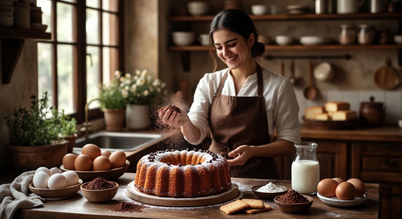A warm Turkish kitchen with a golden-brown *kumlu* cake on a counter, surrounded by fresh ingredients like eggs, milk, cocoa powder, and crushed biscuits, with a smiling woman in an apron dusting cocoa over the cake.