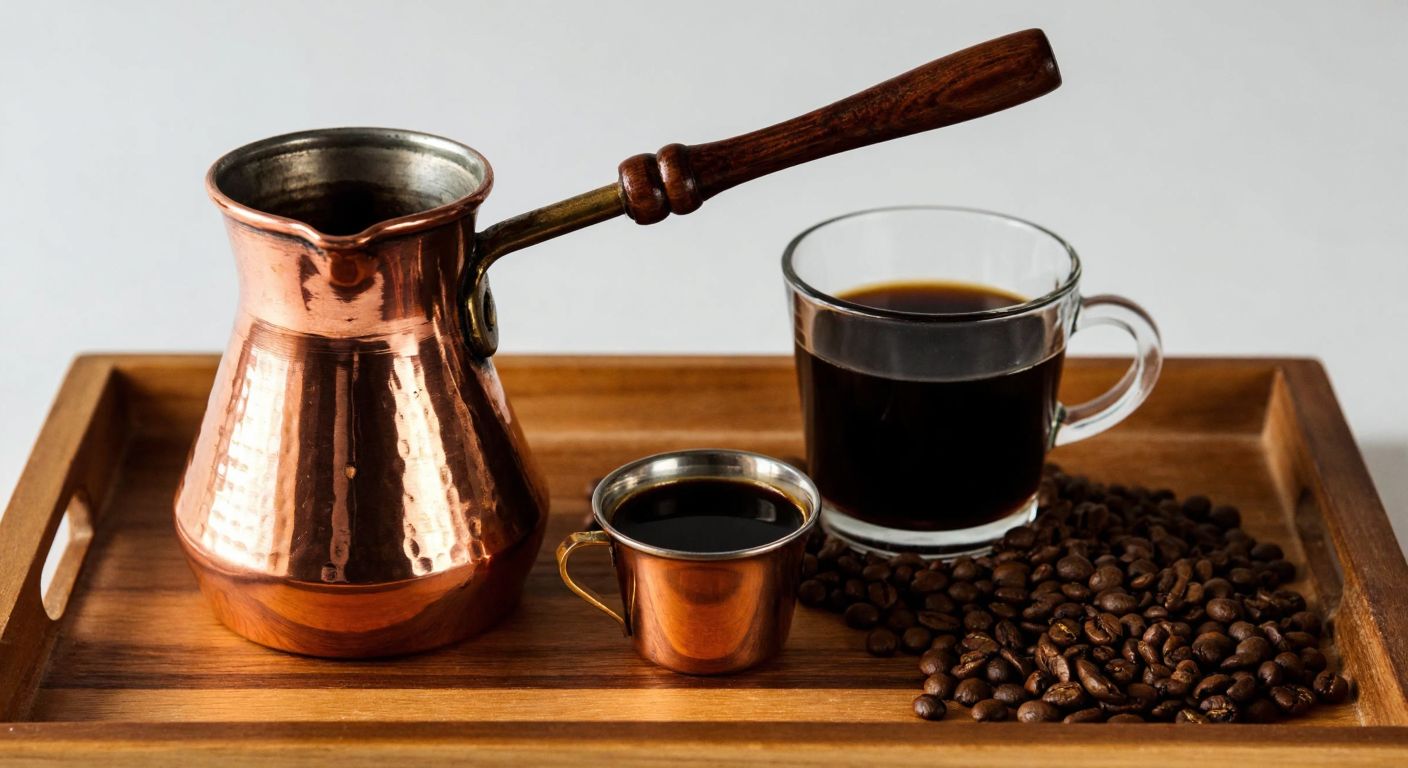 A small copper cezve brewing Turkish coffee on a low flame, surrounded by a demitasse cup, a glass of black filter coffee, and a tiny espresso cup, all placed on a wooden tray with a fresh coffee bean spilling beside them.