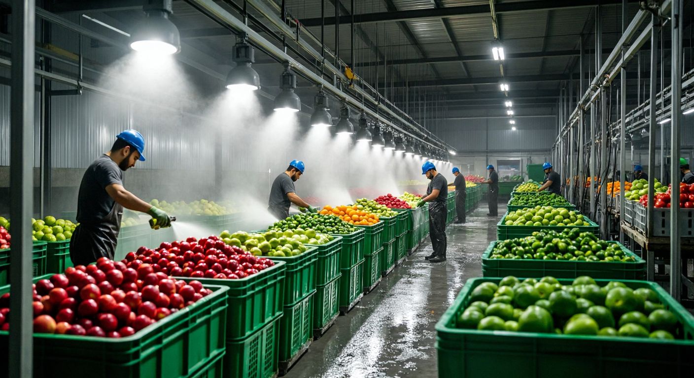 A bustling Turkish food processing facility with workers swiftly cooling fresh fruits and vegetables using air blasts, water sprays, and ice-packed containers under bright industrial lights.