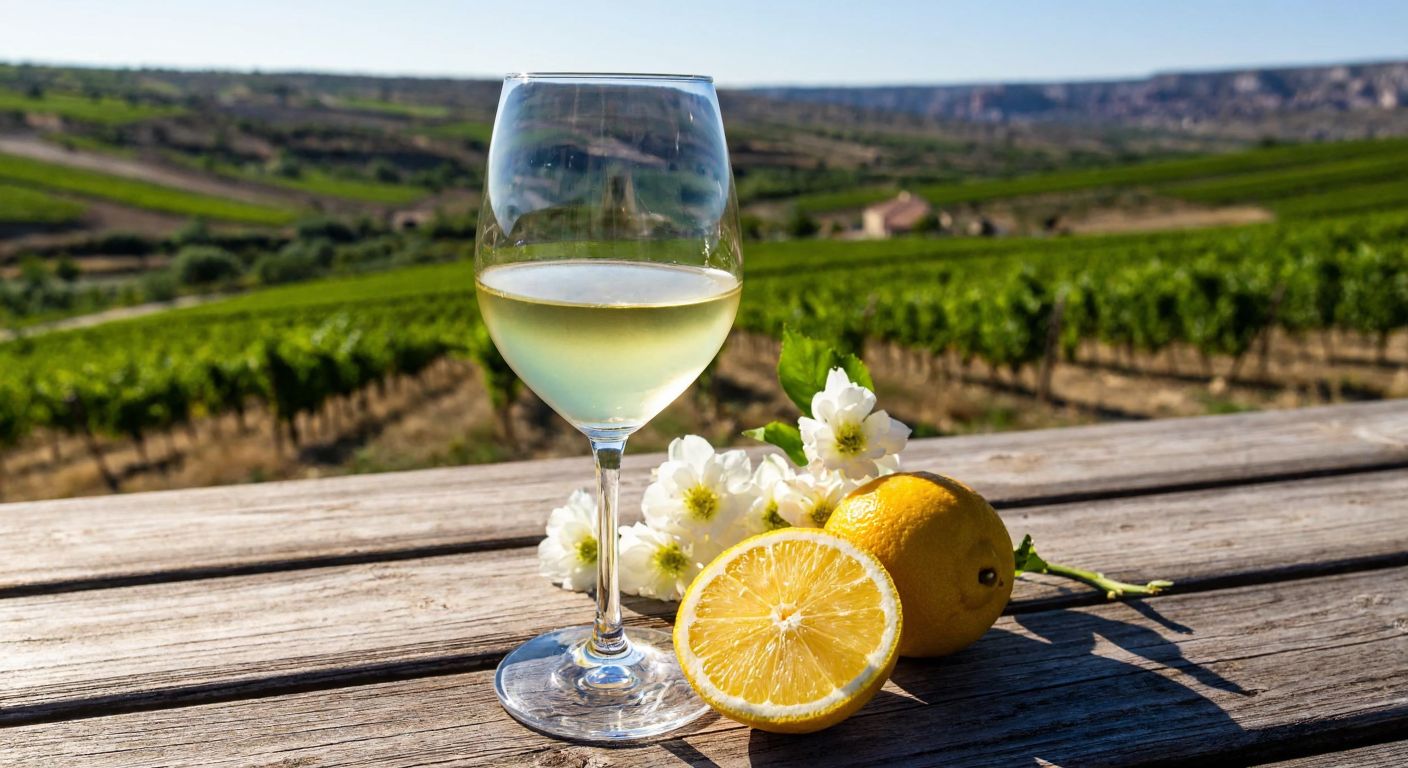 A clear glass of pale greenish-yellow wine sits on a rustic wooden table overlooking sunlit vineyards in Cappadocia, with citrus slices and white flowers nearby.