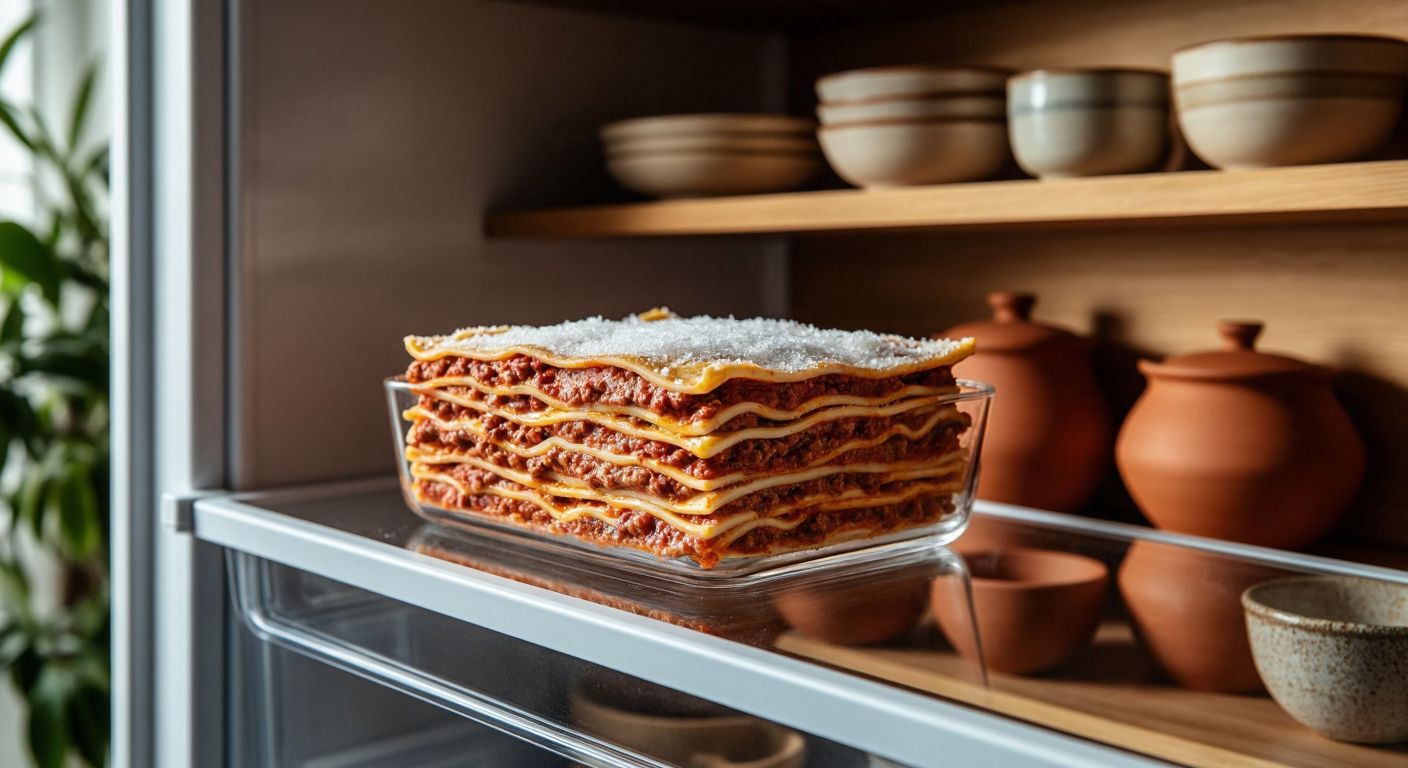A neatly stacked frozen lasagna in a glass container inside a frost-covered freezer, with a Turkish kitchen backdrop featuring warm wooden shelves and ceramic dishes.