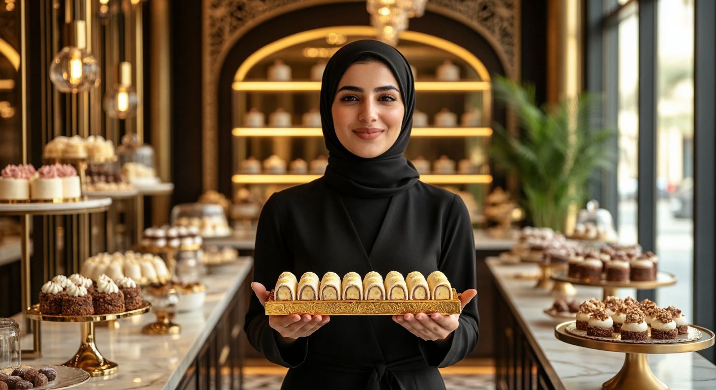 A Middle Eastern woman in a chic Dubai café proudly presenting a golden-wrapped chocolate bar with a flaky pişmaniye topping, surrounded by elegant dessert displays and warm lighting.