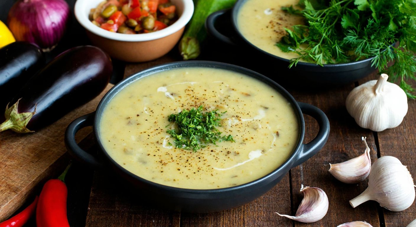 A rustic Turkish kitchen with a steaming bowl of creamy eggplant soup, surrounded by fresh ingredients like charred eggplants, garlic, butter, and a sprinkle of dill on top.