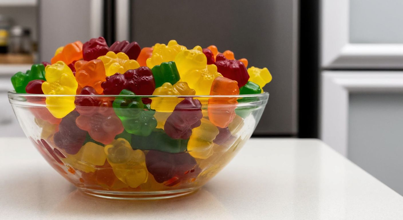 A colorful assortment of Haribo gummy bears in a glass bowl, partially submerged in a glossy mixture of water, honey, and lemon juice, resting on a kitchen counter with a freezer door slightly ajar in the background.