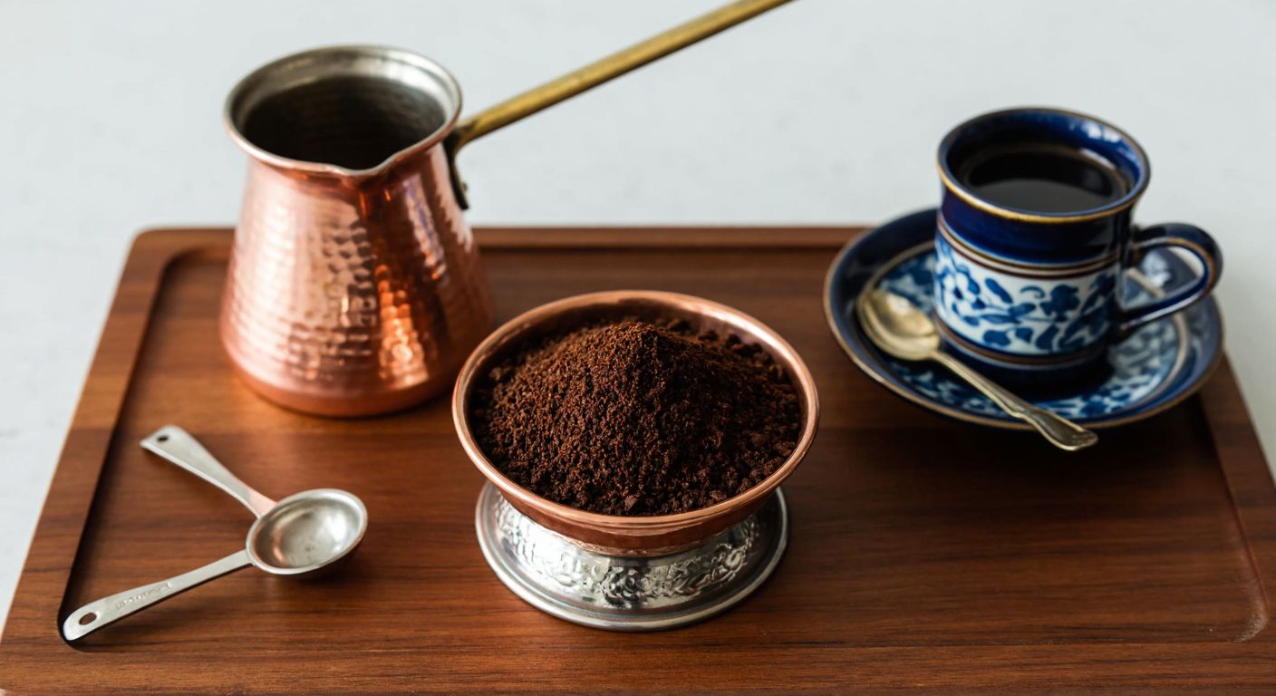 A small copper cezve sits on a wooden table beside a tiny scale holding a pile of finely ground Turkish coffee, with a teaspoon and a traditional Turkish coffee cup nearby, evoking warmth and precision.