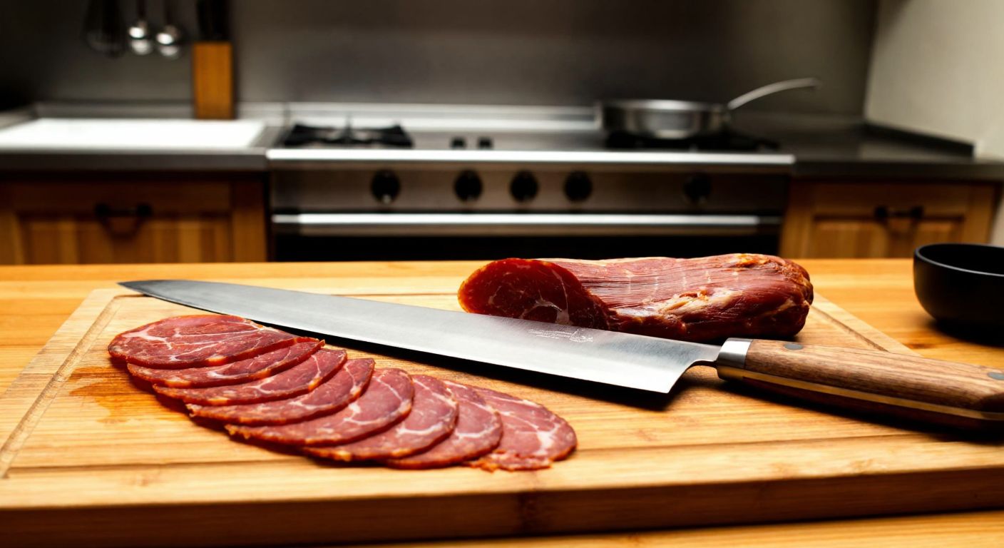 A sharp, long-bladed meat knife rests on a wooden cutting board beside thinly sliced pastırma, with a traditional Turkish kitchen in the background.