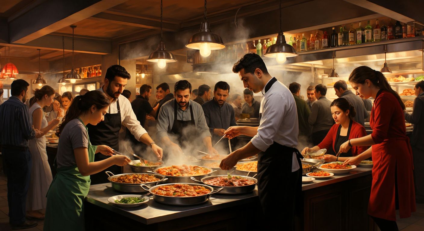 A bustling Istanbul büfe with a mix of customers expressing frustration and delight, as a waiter serves steaming hot dishes to some tables while others receive cold plates with disappointed expressions.