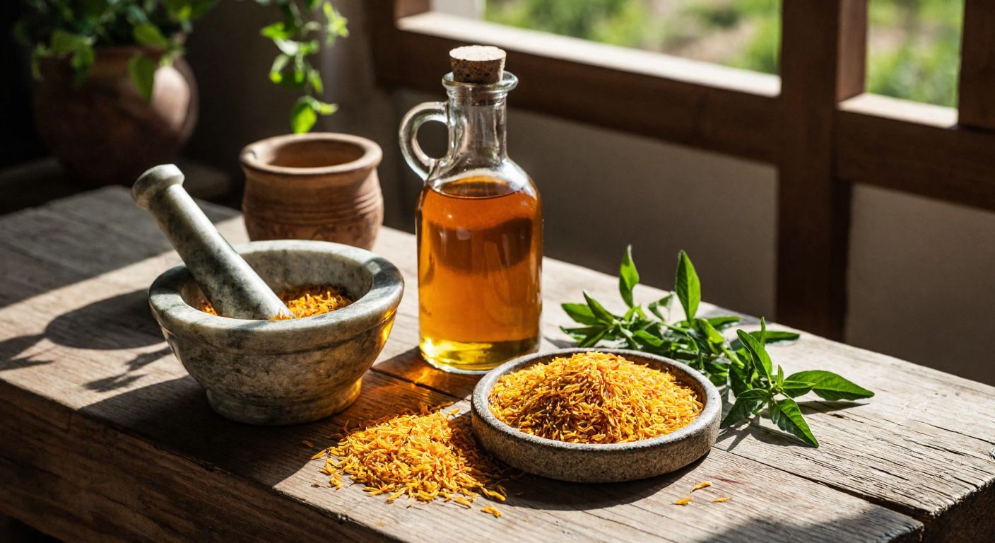 A rustic wooden table in a sunlit Turkish kitchen holds a small pile of golden safflower seeds, a traditional stone mortar and pestle, and a glass bottle filled with freshly pressed amber-colored safflower oil.