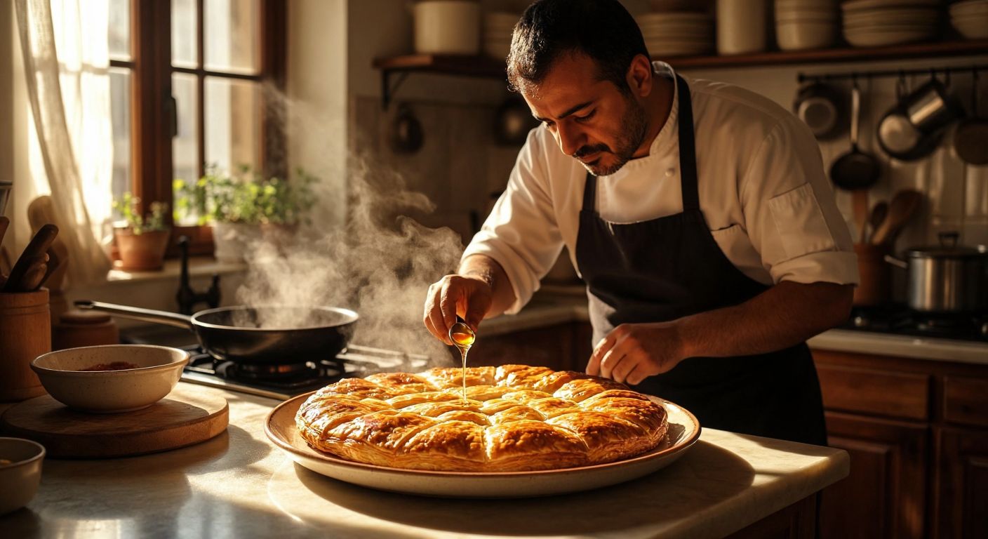 A golden-brown Şam böreği sits on a ceramic plate, its flaky layers slightly cracked, while a Turkish cook in a sunlit kitchen carefully pours warm syrup over it, her brow furrowed in concentration.