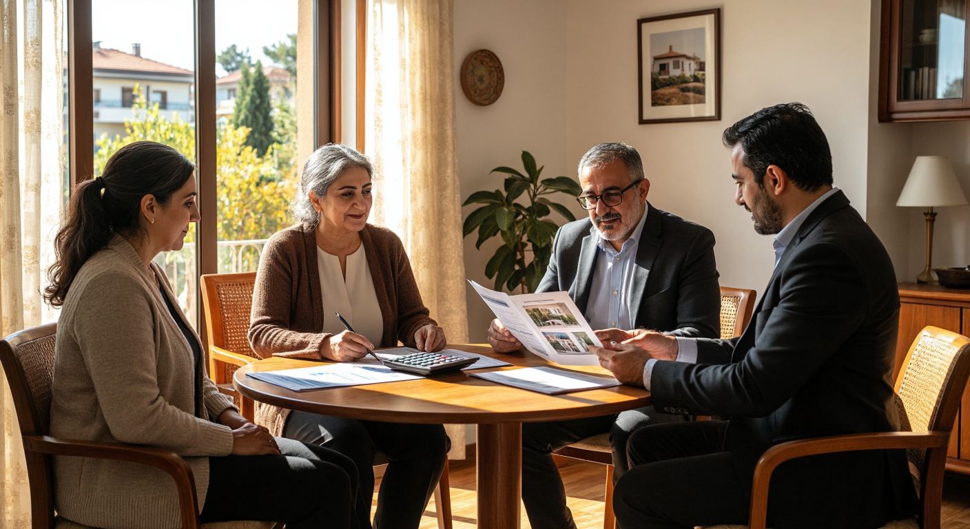 A middle-aged Turkish couple sits at a small wooden table in a modest home, reviewing a financial plan with a calculator and a stack of papers, while a real estate agent in a formal suit points to a brochure of affordable houses, with warm sunlight streaming through the window.