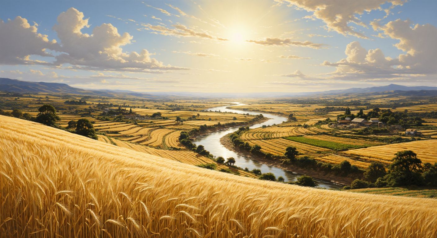 A golden wheat field stretches under a bright sun, bordered by a winding river reflecting the sky, with distant farmers tending to lush crops in a fertile valley.