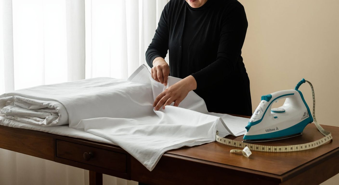 A Turkish woman carefully sewing crisp white cotton fabric for a bedsheet on a wooden table, with a steaming iron nearby and neatly folded measuring tape beside her.