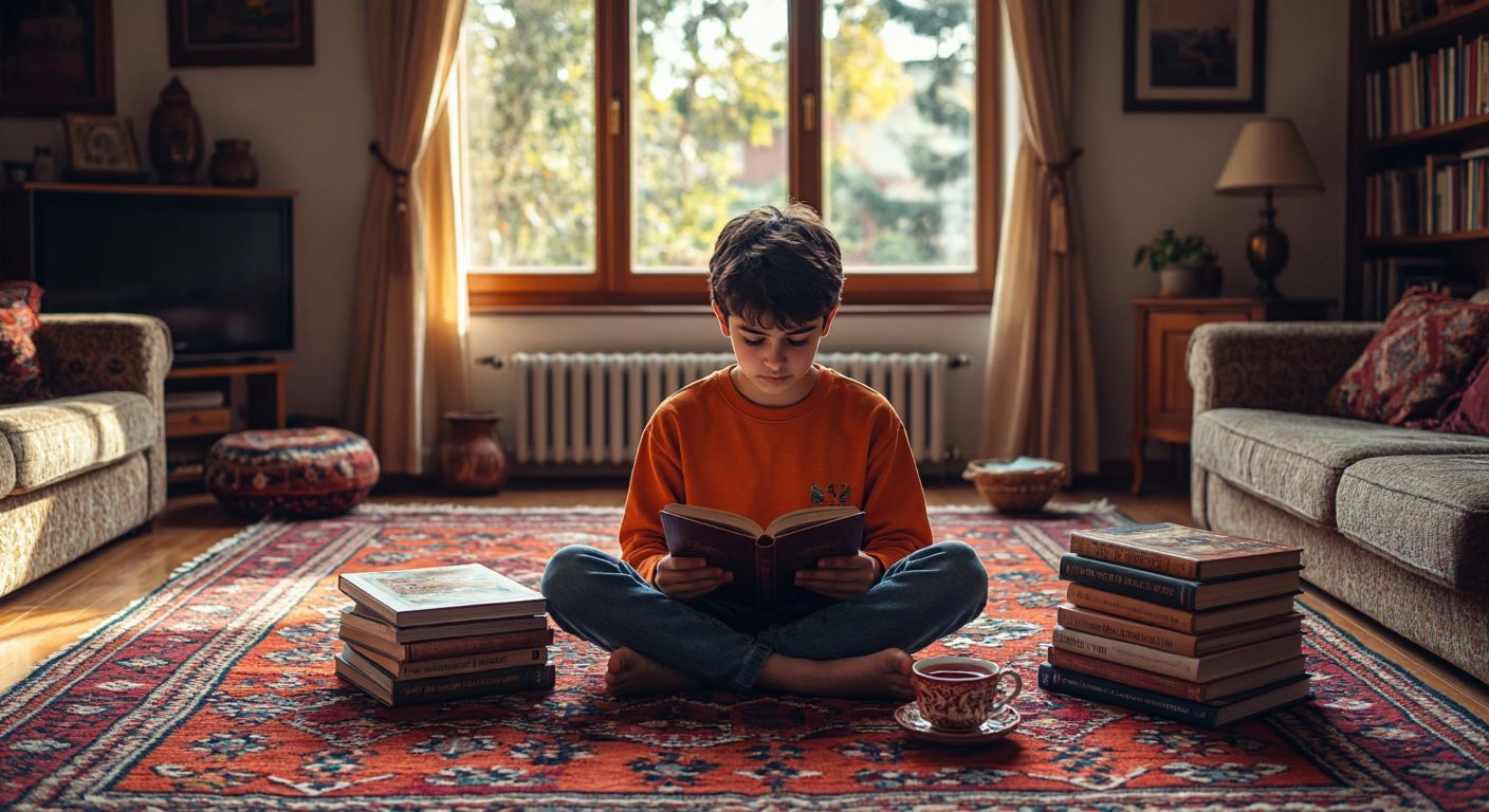 A cozy Turkish living room with warm lighting, where a young person sits cross-legged on a traditional kilim rug, deeply engrossed in a book, surrounded by a stack of diverse books and a steaming cup of çay.