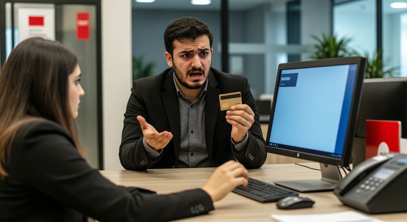 A frustrated Turkish person in a bank setting, holding a declined credit card while a bank employee gestures empathetically toward a computer screen displaying an error.