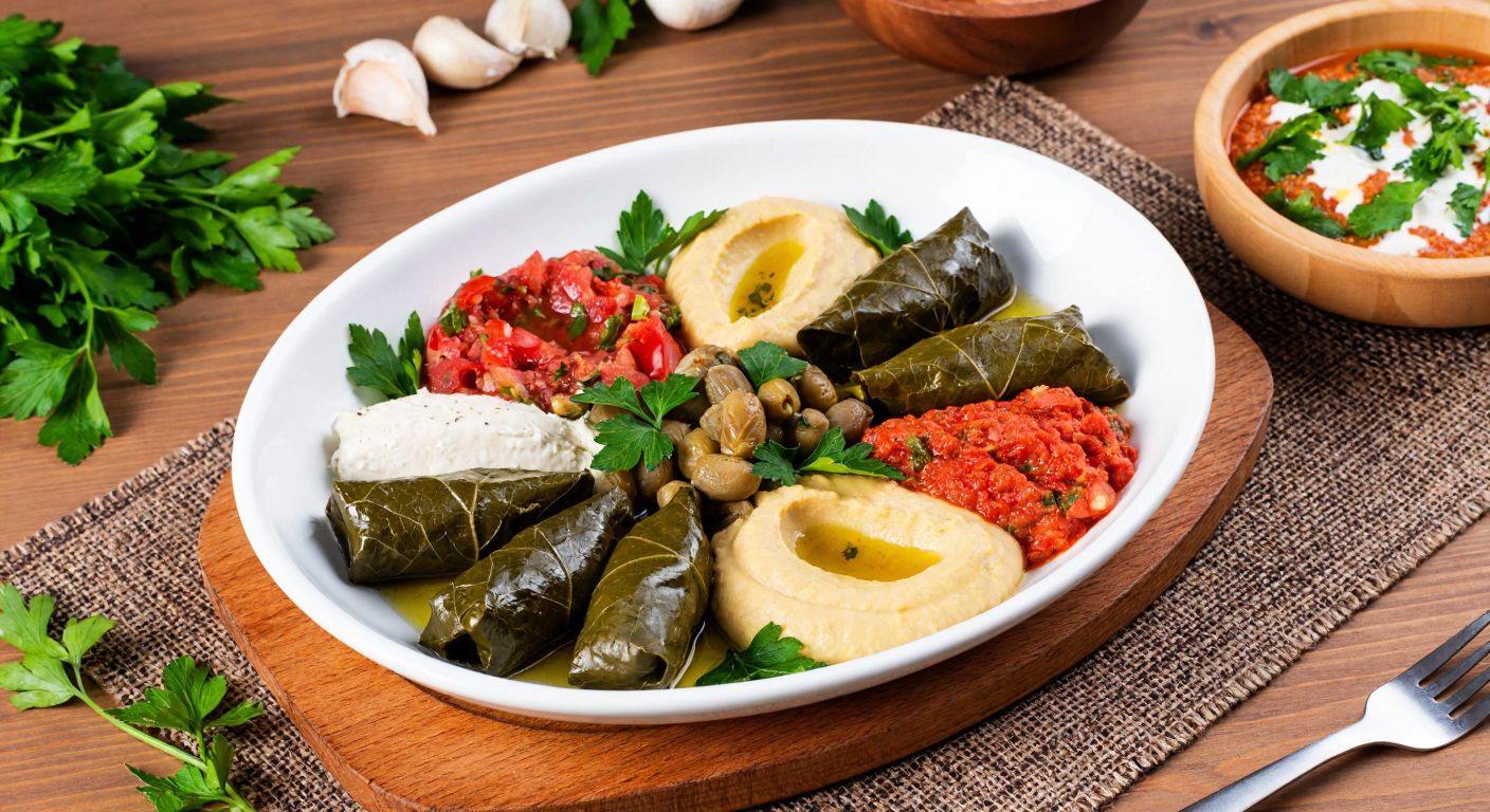 A polished ceramic sunman tabak filled with colorful Turkish meze—hummus, ezme, and stuffed grape leaves—arranged artfully on a wooden table with a woven tablecloth and fresh herbs as garnish.
