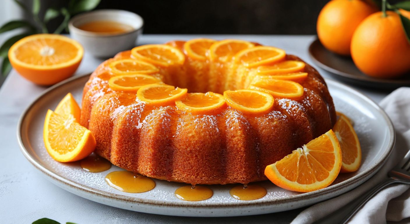 A golden, syrup-drizzled orange yogurt cake sits on a ceramic plate, garnished with fresh orange slices and a dollop of creamy yogurt, evoking warmth and citrusy sweetness in a sunlit Turkish kitchen.