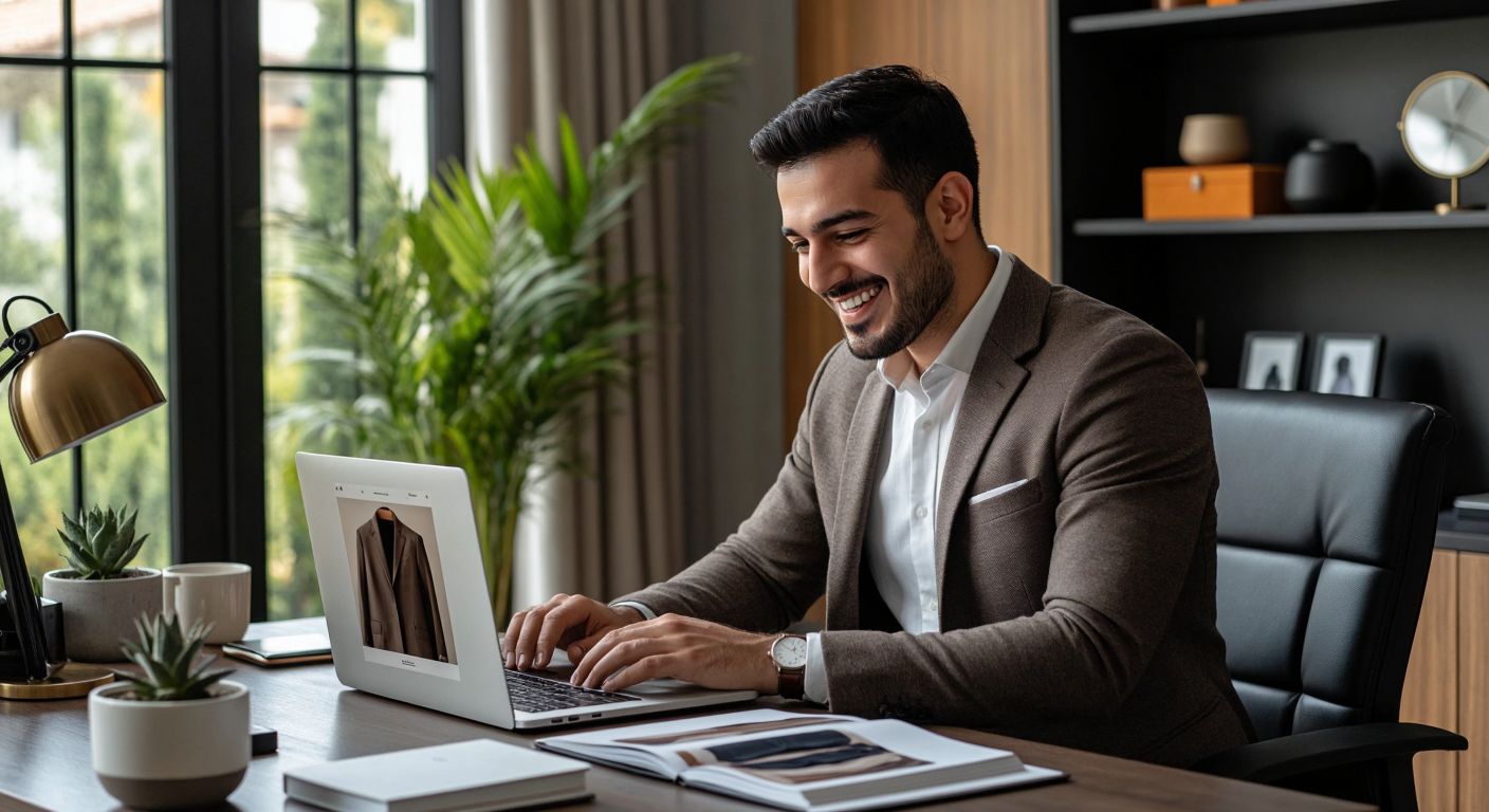 A well-dressed Turkish man in a sleek modern home office smiles while browsing a laptop displaying stylish Sarev clothing on a vibrant e-commerce site.