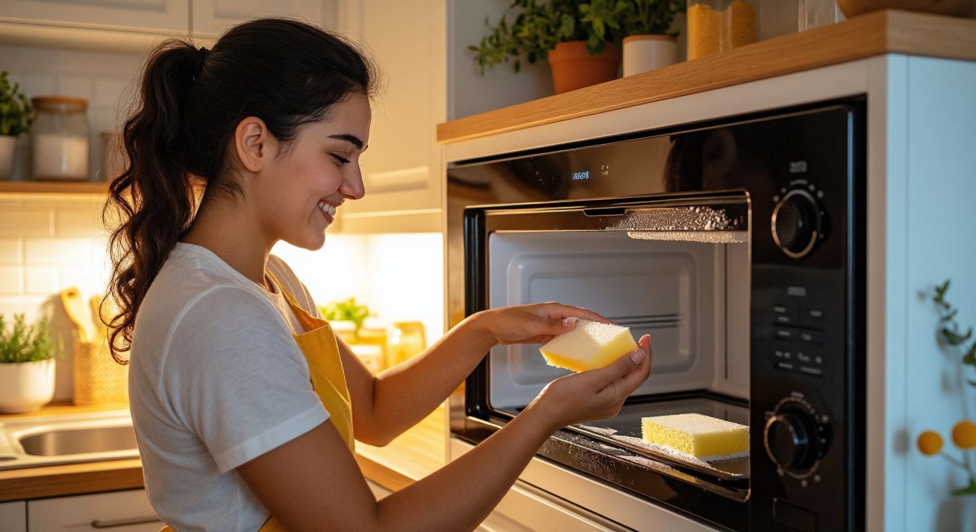 A Turkish woman in a bright kitchen smiles as she gently scrubs the inside of a microwave with a damp sponge dusted with baking soda, surrounded by a warm, clean glow.
