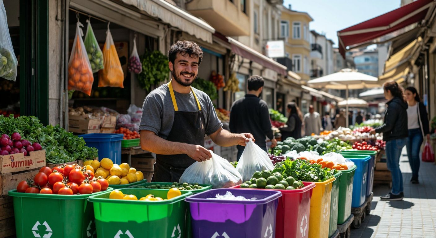 A vibrant Turkish marketplace scene with a smiling vendor carefully weighing fresh produce in reusable cloth bags, colorful recycling bins nearby, and a group of diverse people sorting waste into labeled containers under a bright sun.