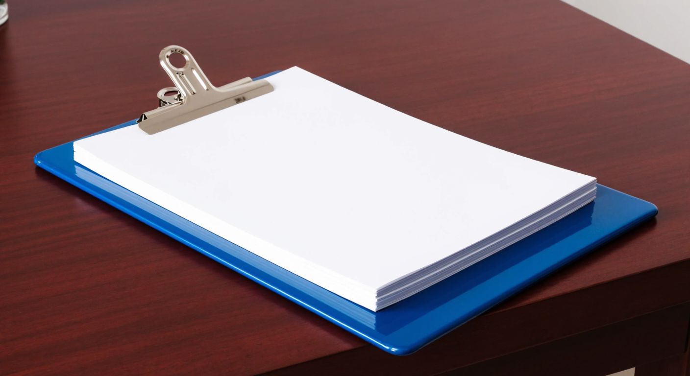 A sleek, metallic-blue plastic clipboard with a sturdy metal clip holds a neat stack of white A4 papers, resting on a polished wooden desk in a well-lit Turkish office.