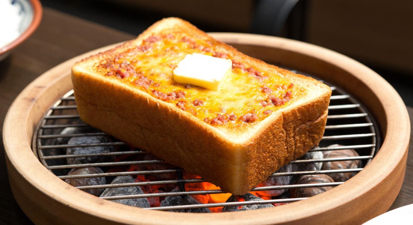 A golden-brown rectangular toast, stuffed with crumbled sausage and melted cheese, sizzling on a grill with hazelnut-shell embers glowing beneath it, served on a rustic wooden plate with a pat of butter melting on top.