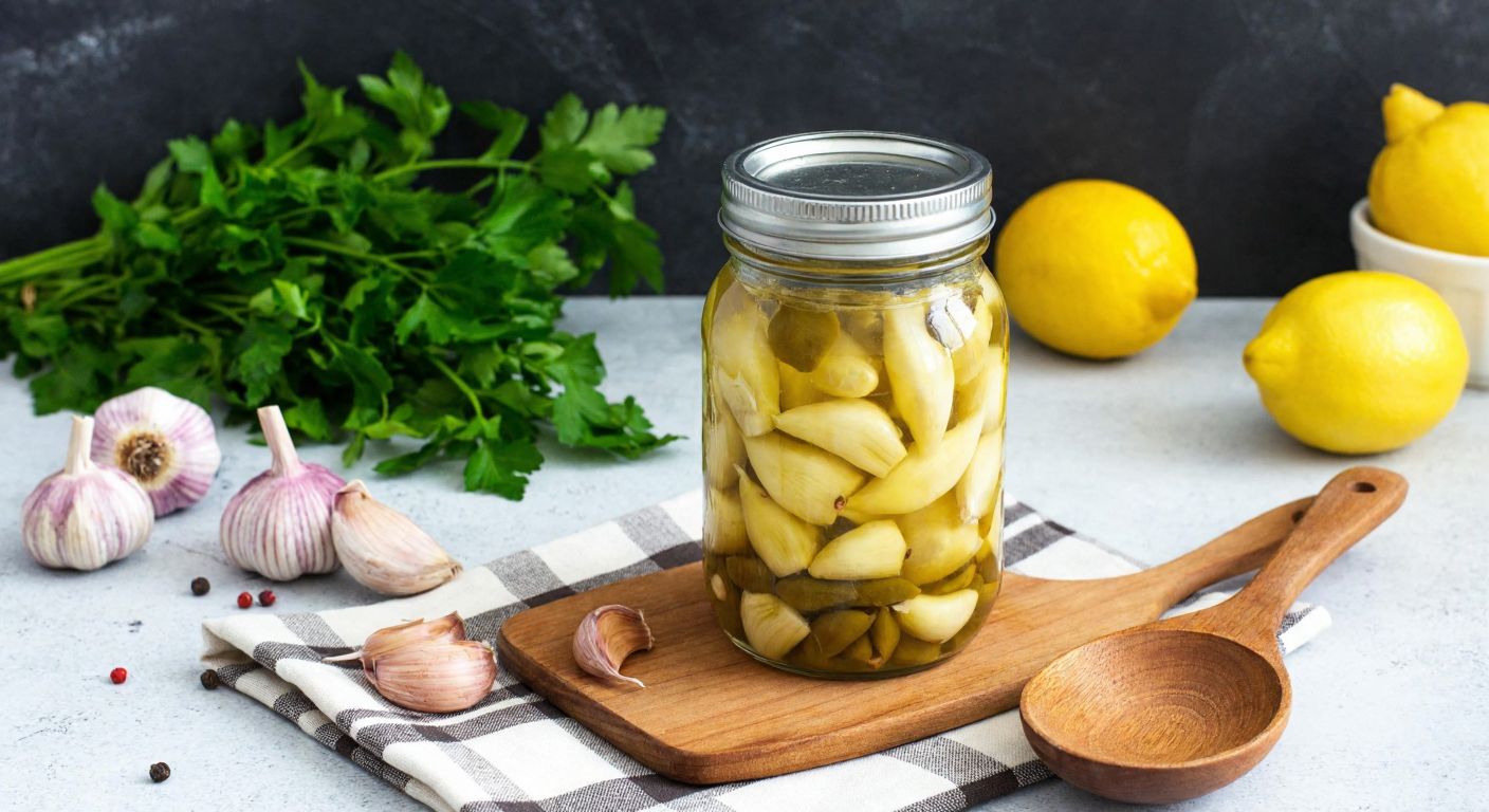 A rustic Turkish kitchen counter with a glass jar of pickled garlic, some cloves tinted green, surrounded by fresh herbs, lemons, and a wooden spoon resting on a checkered cloth.