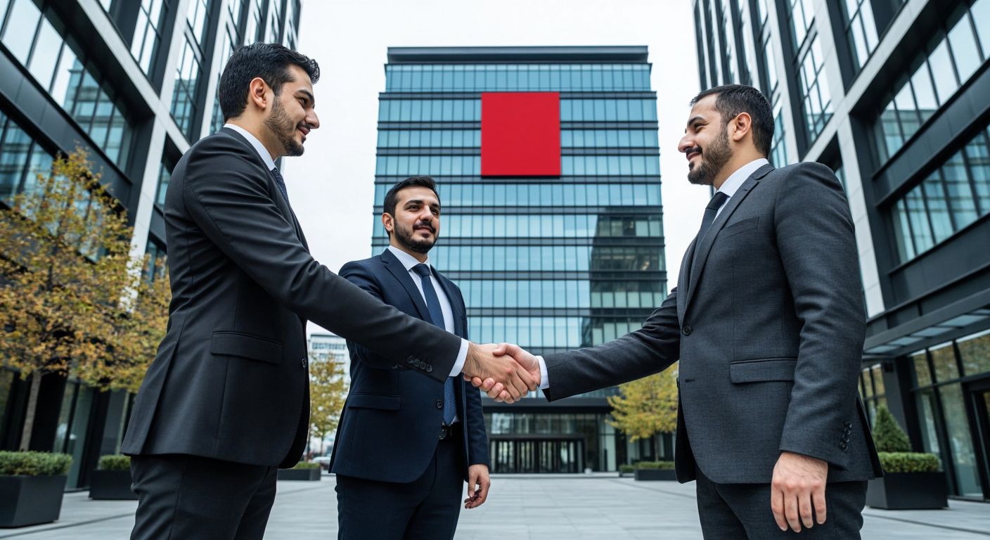 A sleek corporate building with the Kıraça Holding logo (abstractly implied by its architecture) standing prominently in Istanbul, surrounded by Turkish businessmen in sharp suits exchanging confident handshakes.