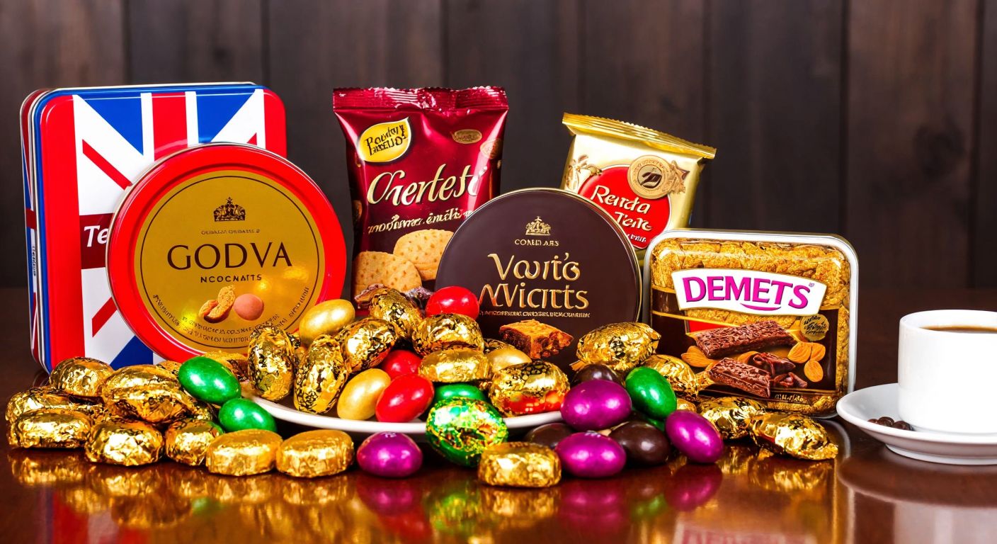 A vibrant display of international snack brands—gold-wrapped Godiva chocolates, McVitie's biscuits in a British-style tin, and colorful DeMet's candies—arranged on a polished wooden table with a Turkish coffee cup subtly placed in the background.