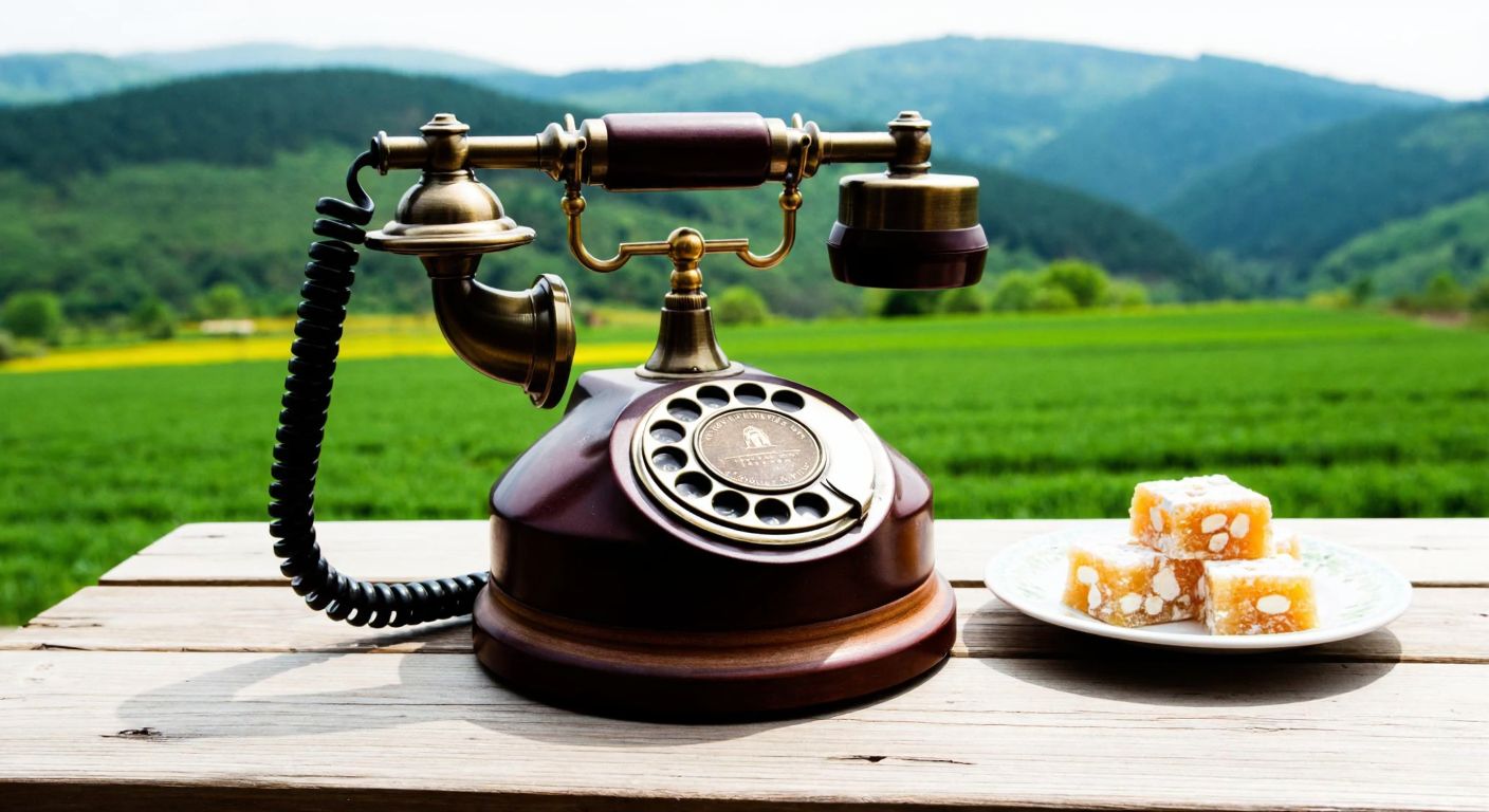 A traditional Turkish landline telephone with a coiled cord sits on a wooden table in Düzce, surrounded by green hills and a small plate of lokum.