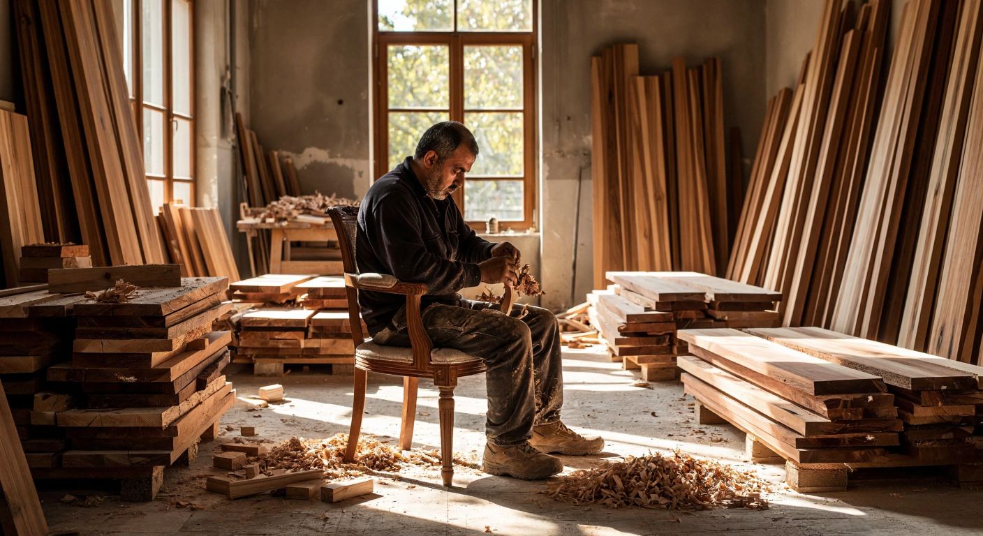 A skilled Turkish artisan carefully hand-carving an ornate wooden chair in a sunlit workshop, surrounded by stacks of rich mahogany and walnut lumber, with delicate wood shavings scattered across the floor.