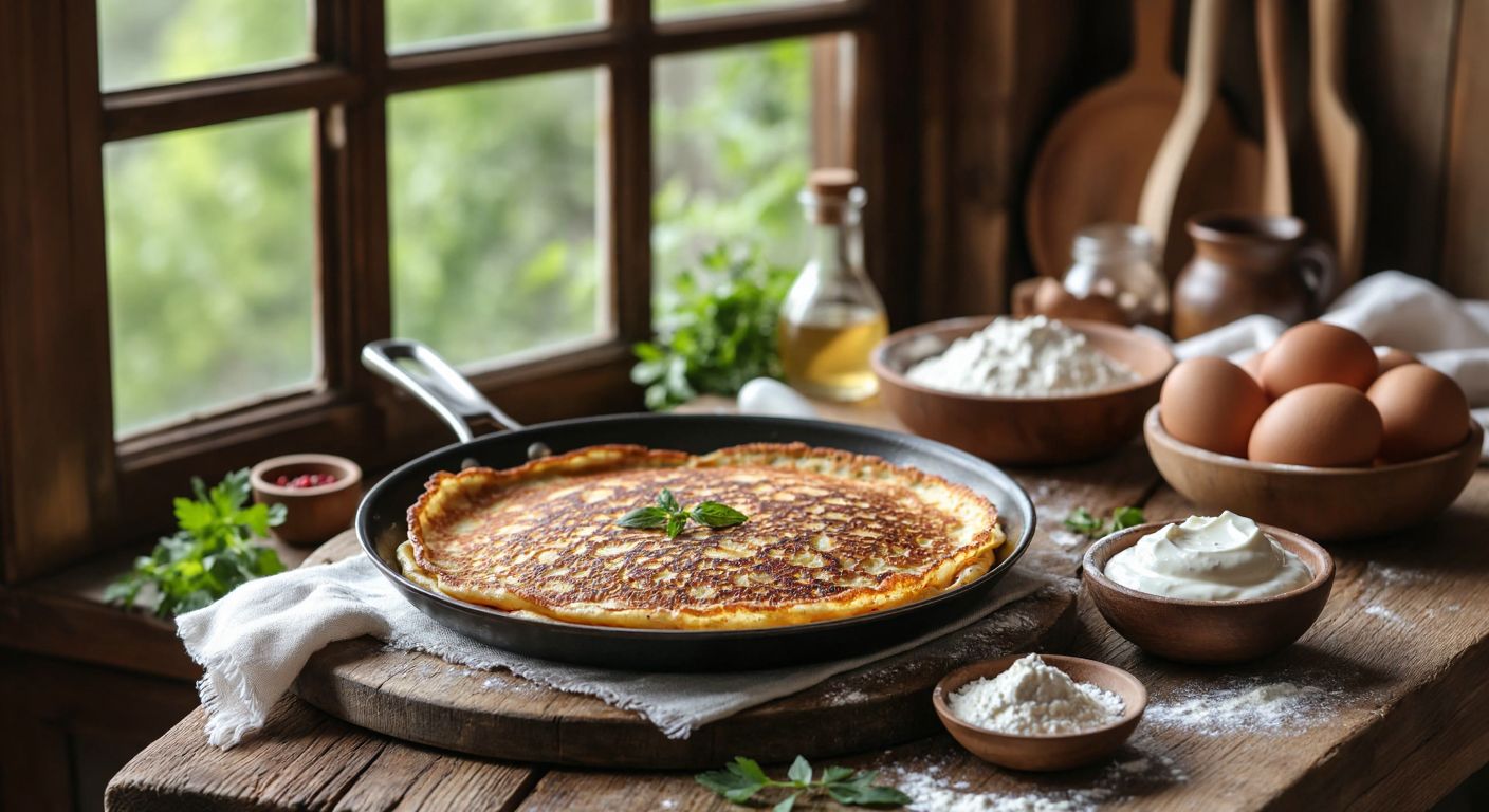 A warm, golden-brown *akıtma* (Turkish pancake) sizzles in a pan, with a bowl of creamy yogurt and fresh ingredients like eggs and flour arranged on a rustic wooden table in a sunlit Turkish kitchen.