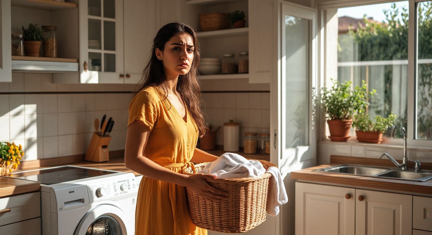 A Turkish woman in a bright, sunlit kitchen frowns slightly while holding a laundry basket, with a Regal Bora 805 T washing machine beside her, its door slightly ajar.