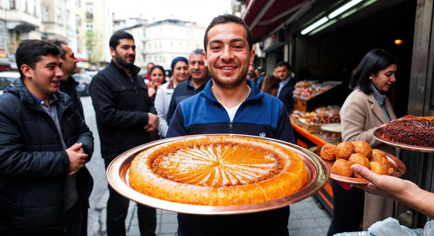 A bustling Istanbul street vendor in Karagümrük proudly presenting a golden-brown, syrup-drenched Karagöz dessert on a traditional copper tray, surrounded by eager customers with delighted expressions.