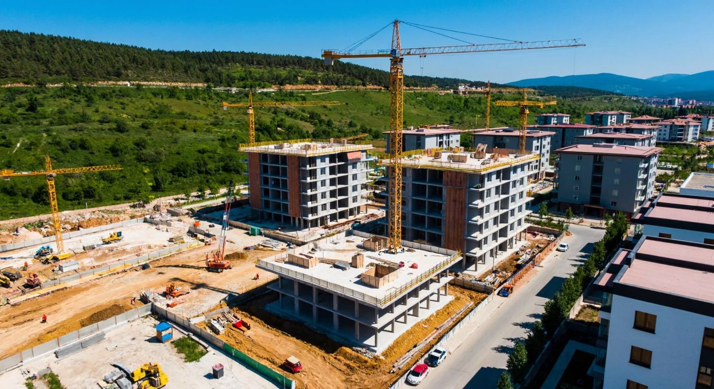 Aerial view of a construction site in Eskişehir with cranes, half-built apartment blocks, and workers in hard hats, surrounded by the city's green hills and modern Turkish-style housing designs.