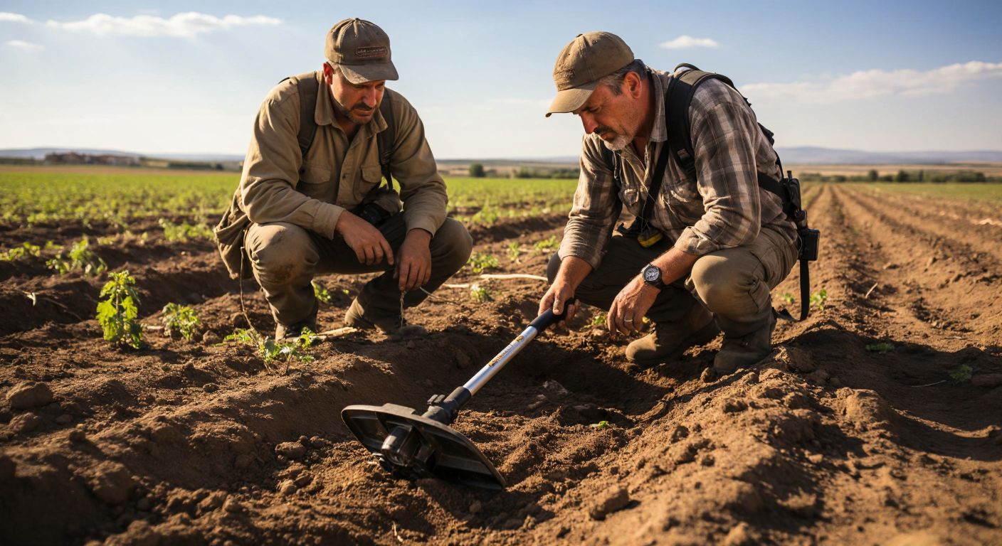 A rugged, slightly worn Garrett metal detector rests on sunlit soil in a Turkish field, with a focused middle-aged man in casual outdoor clothing kneeling beside it, carefully inspecting its condition while holding a small shovel.