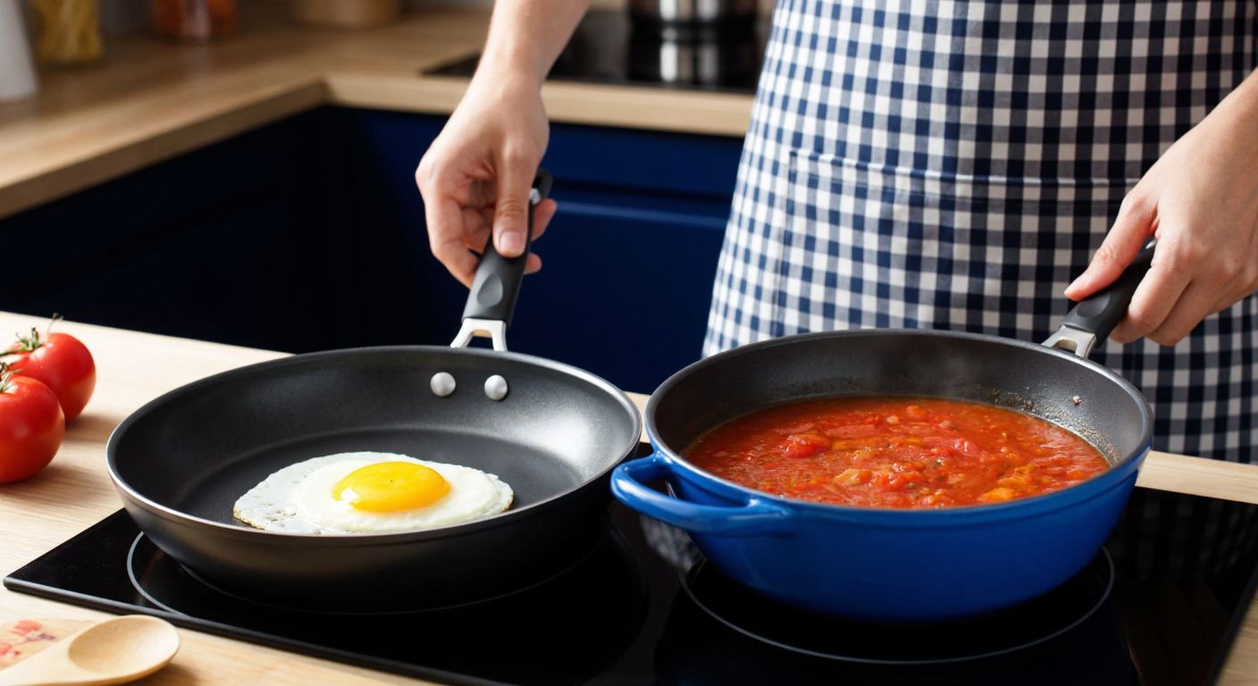 A Turkish kitchen countertop holds two pans side by side—one sleek black Teflon pan with a golden fried egg sliding effortlessly, and the other a vibrant blue enamel pan with simmering tomato sauce—while a hand in a checked apron hovers between them, weighing the choice.