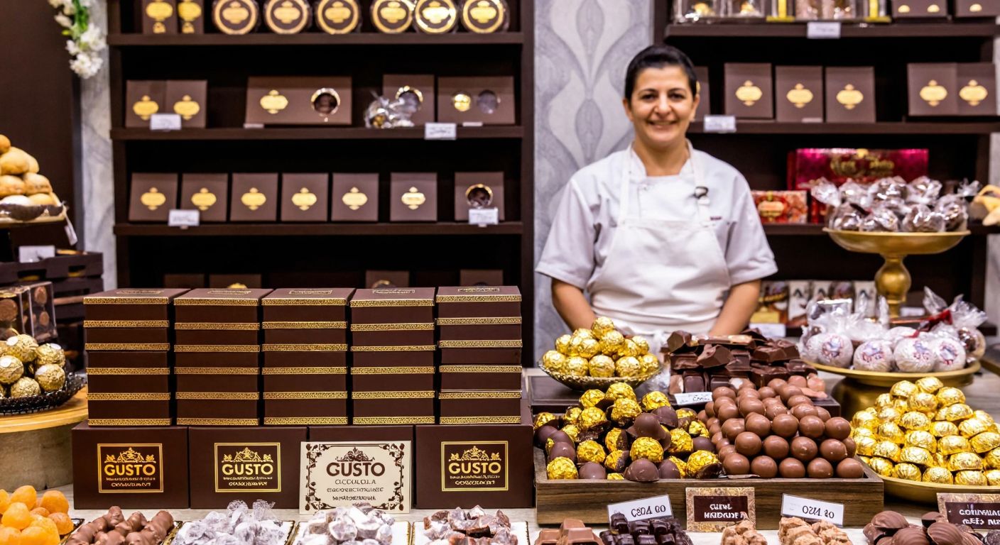 A vibrant Turkish chocolate shop display with neatly stacked **Gusto Çikolata** boxes in rich brown and gold packaging, surrounded by assorted sweets and a smiling shopkeeper in a crisp white apron.