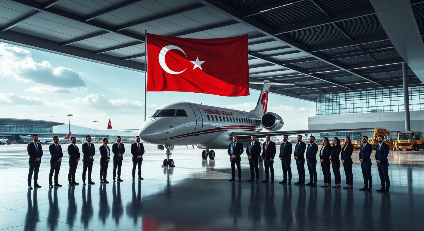 A modern airport terminal in Turkey with a sleek jet parked nearby, flanked by a group of professionals in formal attire representing both government and private sectors, standing confidently under the Turkish flag.