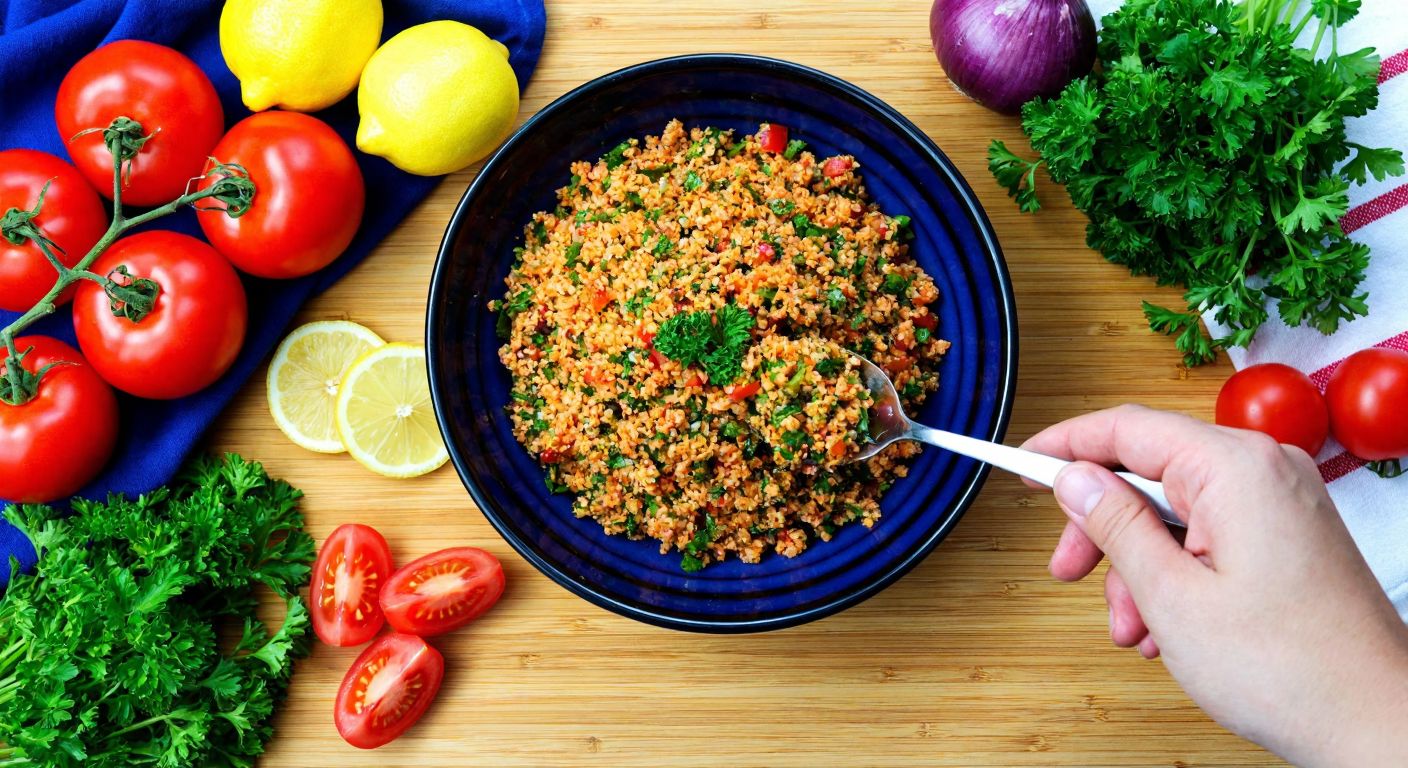 A vibrant Turkish kitchen scene with a colorful bowl of kısır (bulgur salad) on a wooden table, surrounded by fresh ingredients like tomatoes, parsley, and lemons, while a hand holds a small portion on a spoon, emphasizing mindful eating.