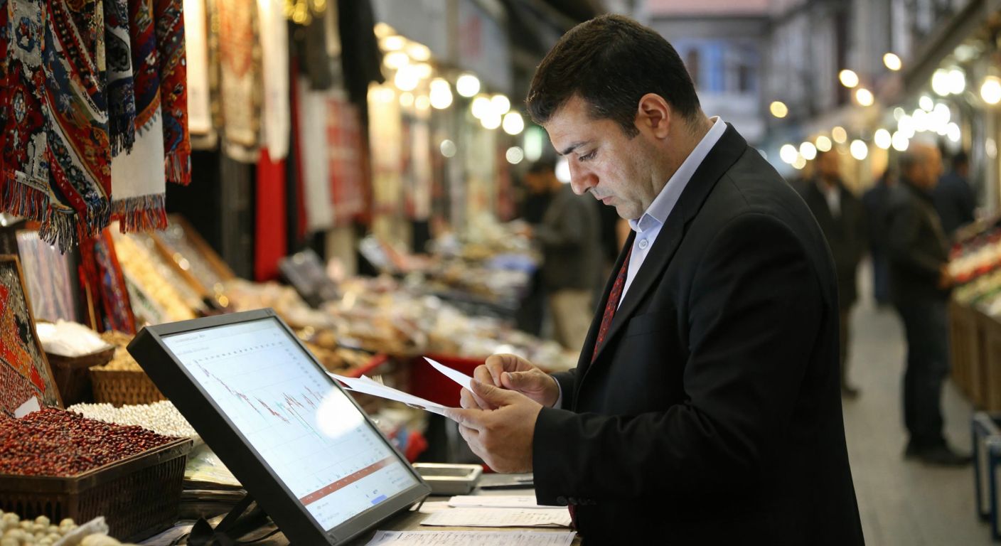 A Turkish trader in a bustling Istanbul bazaar intensely studies a stock chart with two distinct peaks and a neckline, gesturing downward with a focused expression.