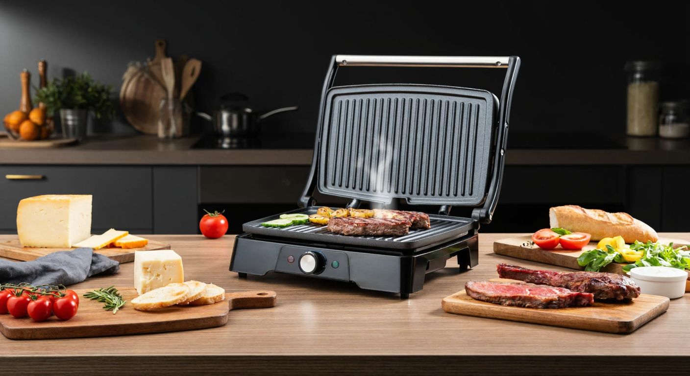 A sleek black Karaca Gastro Grill Pro sits on a Turkish kitchen counter, surrounded by fresh ingredients like bread slices, cheese, tomatoes, and sizzling meat, with steam rising from its grill plates.