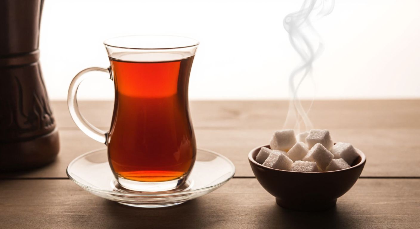 A traditional Turkish tea glass with amber-colored tea sits on a saucer beside a small bowl of sugar cubes, steam rising gently from the surface.