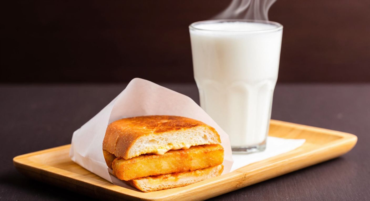 A golden-brown fried potato sandwich, wrapped in paper, resting on a small wooden tray beside a glass of frothy ayran, with steam rising from the crispy edges.