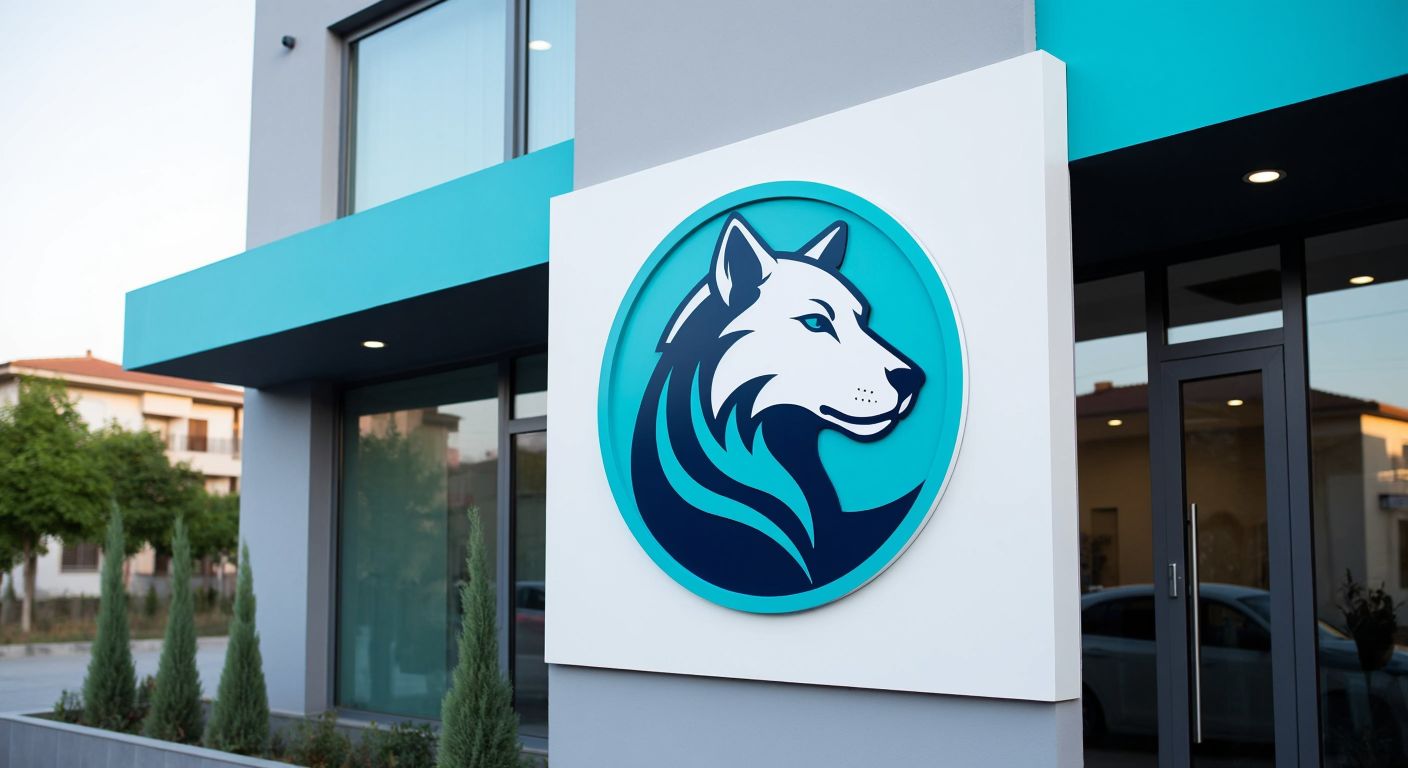 A modern veterinary clinic in Turkey with a freshly painted sign featuring a sleek new logo of a stylized animal silhouette in calming blue and green tones, symbolizing professionalism and care.