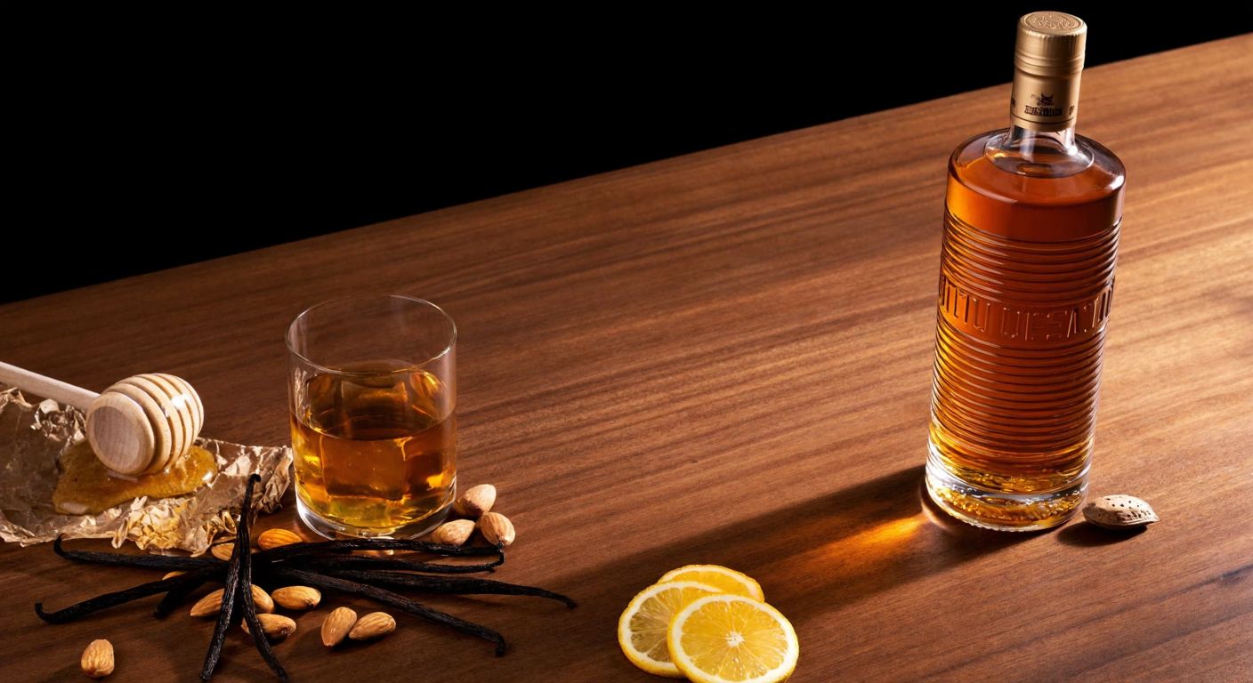A sleek amber-colored whisky bottle with a design inspired by Taipei 101, resting on a wooden table beside a glass filled with golden liquid, surrounded by scattered almonds, honeycomb, vanilla pods, and a hint of citrus peel.