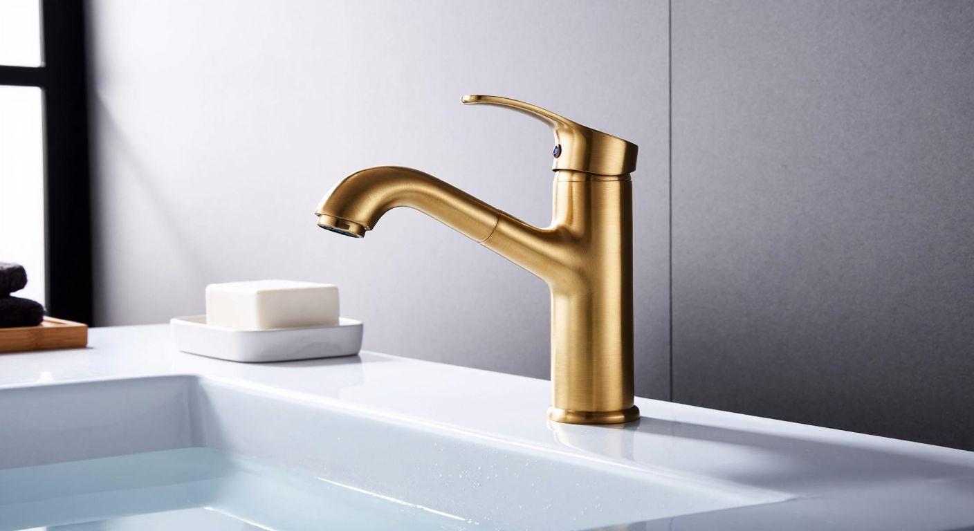 A sleek, modern brass faucet with a curved spout mounted on a white marble bathroom sink, reflecting warm light in a minimalist Turkish home setting.