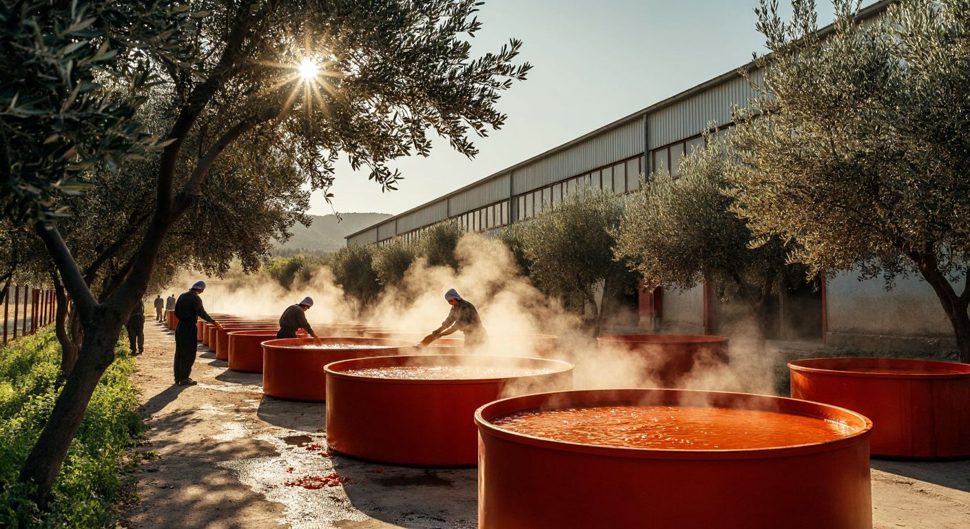 A sunlit industrial building in Burhaniye, Balıkesir, surrounded by olive trees, with large vats of red tomato paste visible through open factory doors and workers in hairnets stirring steaming pots.