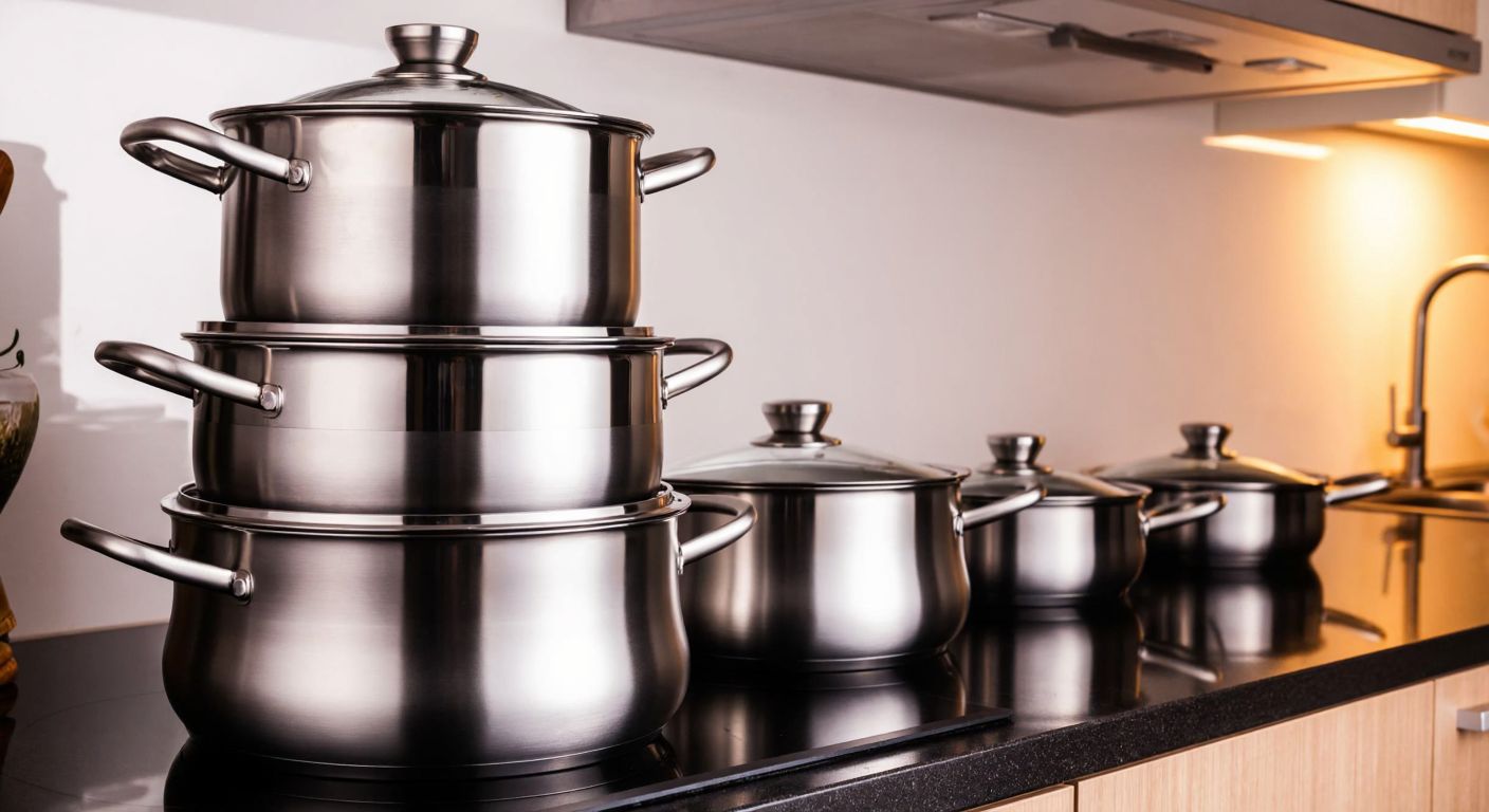 A gleaming stack of seven titanium pots and pans with polished silver surfaces, arranged neatly on a modern kitchen counter in a sunlit Turkish home, reflecting warm light.
